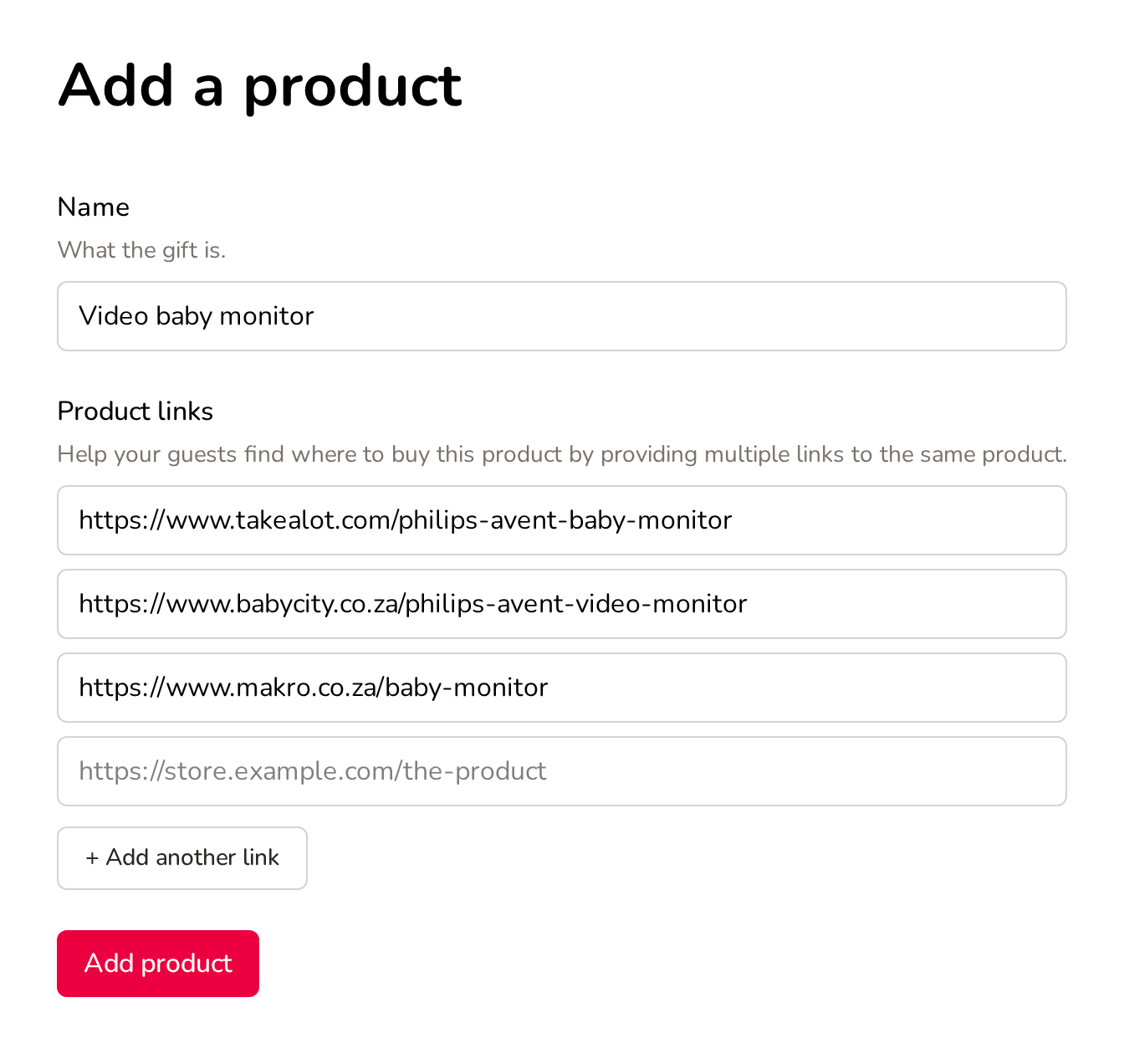 Adding a gift with links to buy it at several different stores