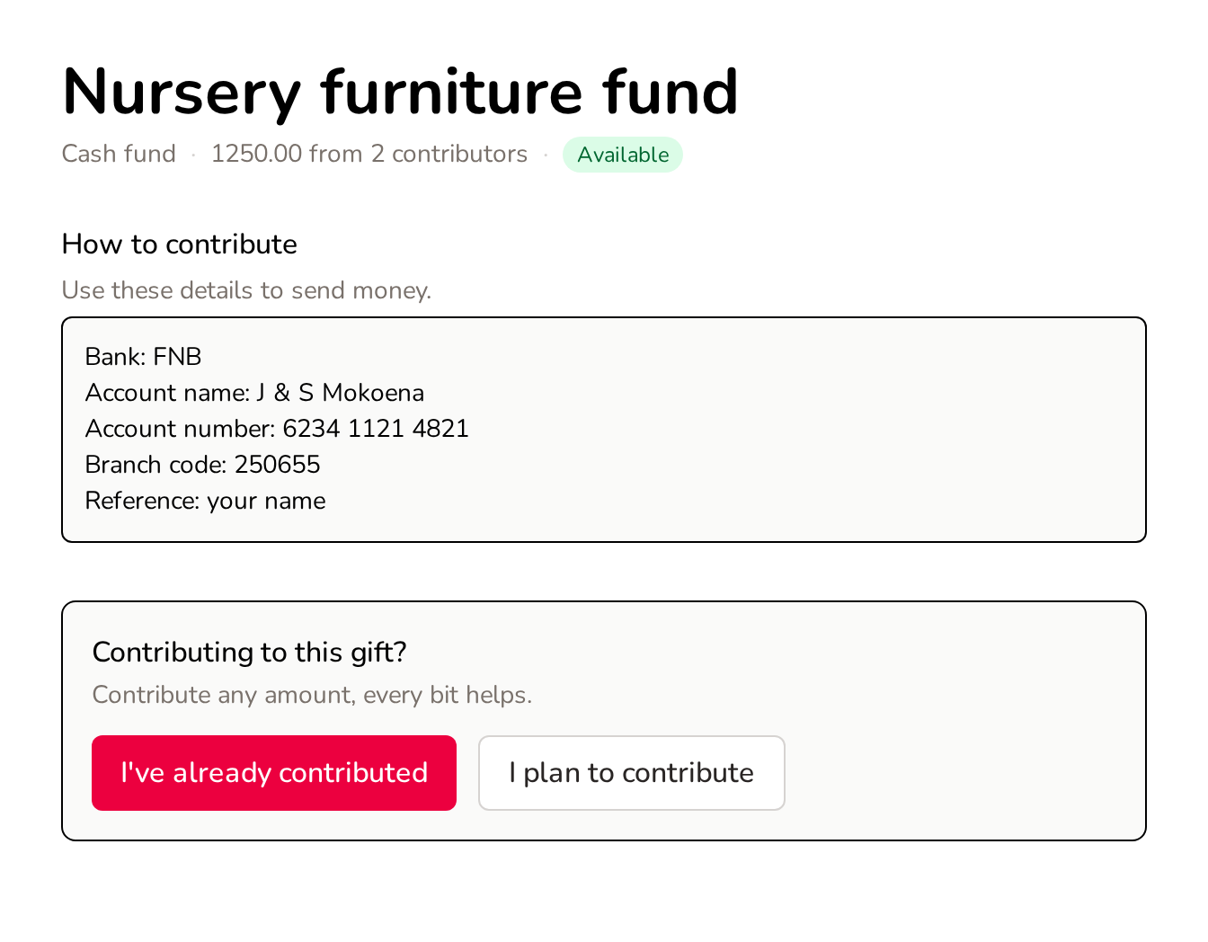 A cash fund showing the banking details guests pay into
