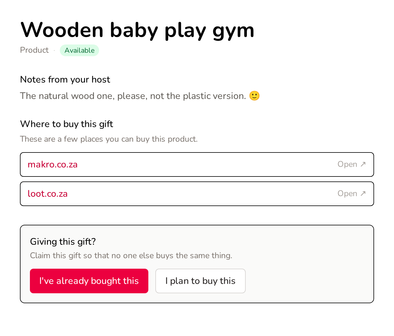 A single chosen gift with a note and where to buy it