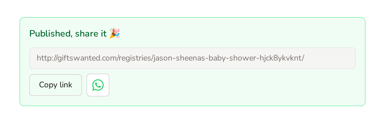 The private registry link with a copy button and WhatsApp share