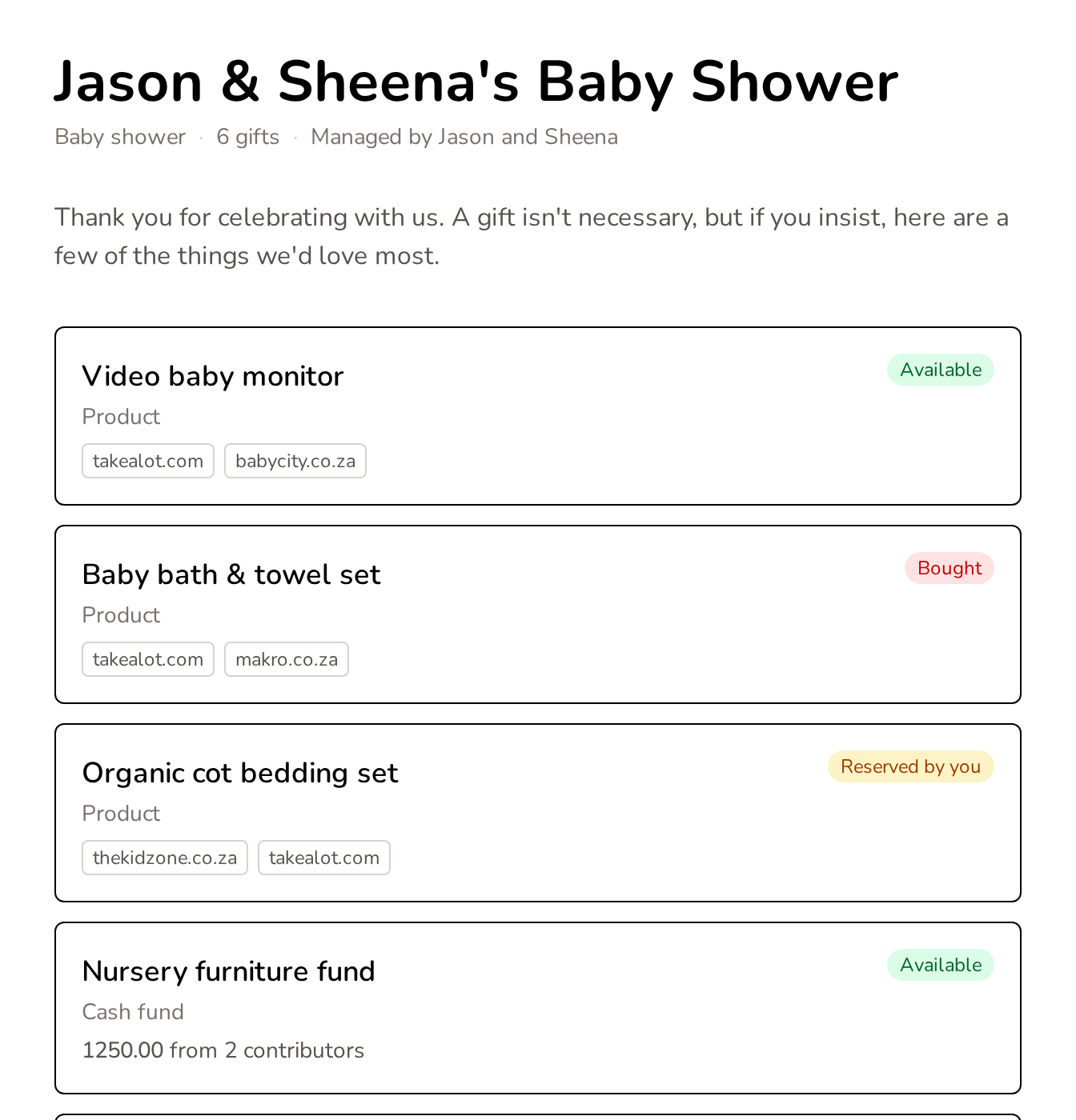 An example GiftsWanted registry with gifts from several stores and a cash fund